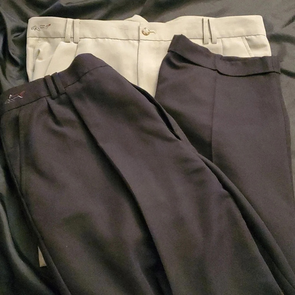 2 Pairs Mens Greg Norman Pants Khaki and Navy Wrinkle Free, Cuff Bottom & Crease - Picture 1 of 10